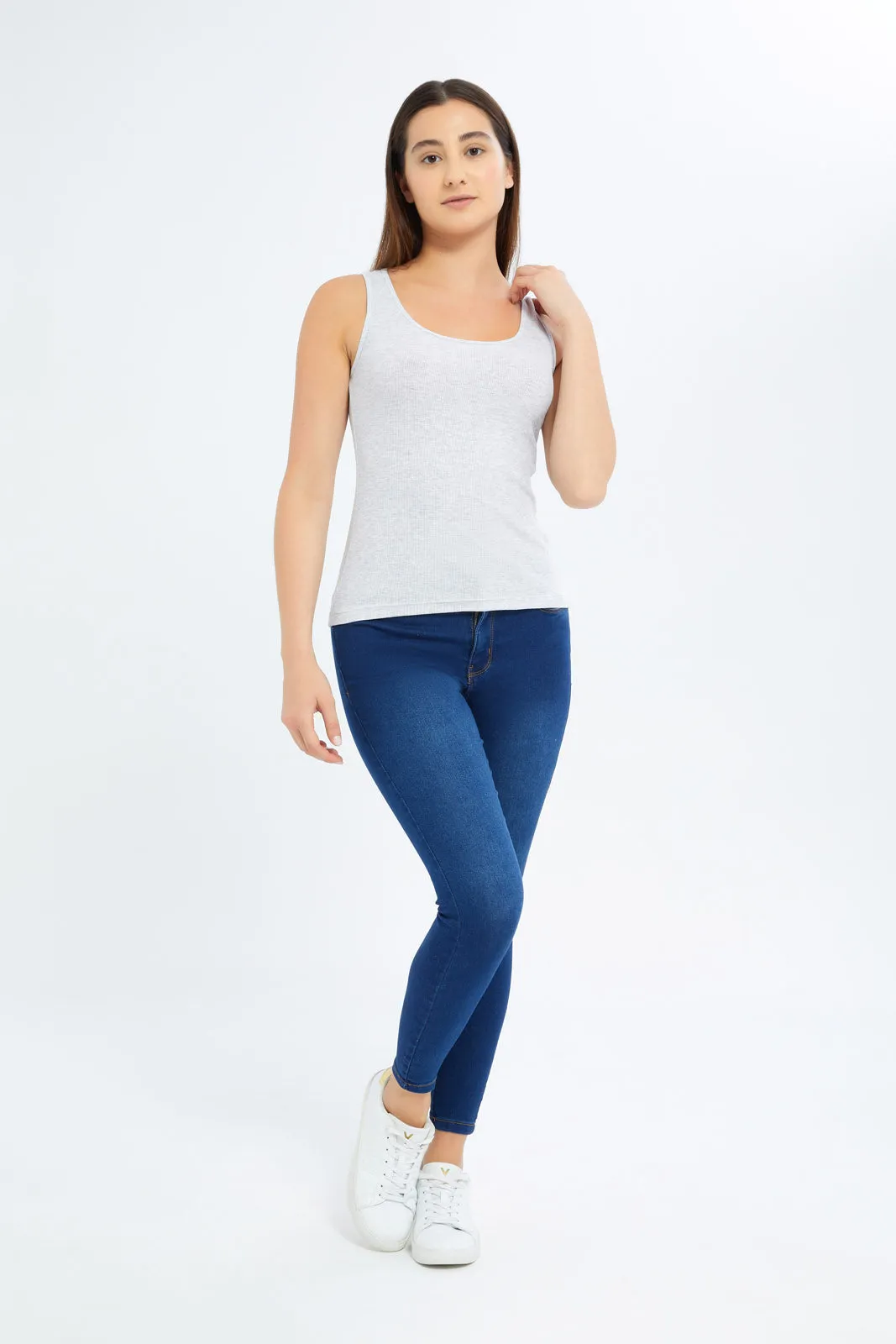 Women Grey Melange Plain Rib Vest