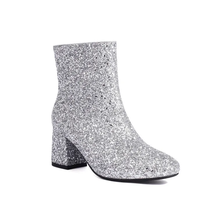 Women's Sequined Square Toe Block Heel Ankle Boots